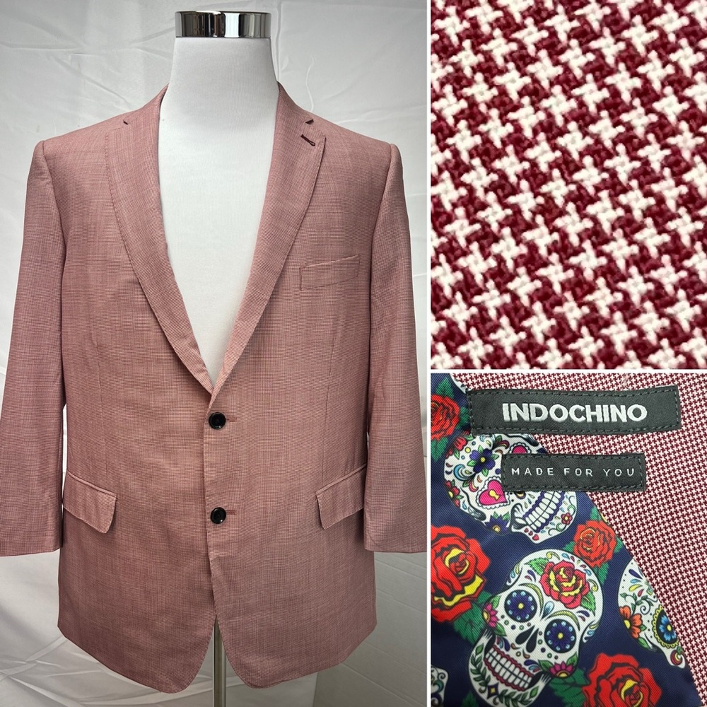 Indochino Men's 47S Custom Tailored Red White Houndstooth 2-Button Blazer Jacket